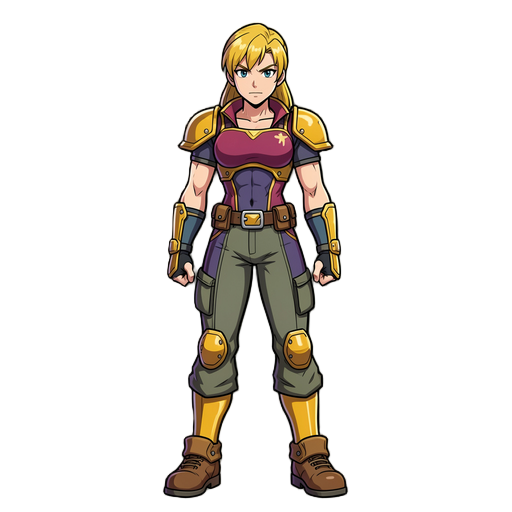 crie uma personagem feminina em estilo cartoon inspirado em rpgs clássicos como pokémon firered, com aparência forte, confiante e marcante. a personagem deve aparecer de corpo inteiro, posicionada de frente, olhando diretamente para o observador como se e