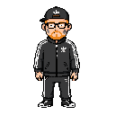 16-bit pixel gopnik: buzzcut, ginger stubble, black glasses, adidas tracksuit+cap, tattoos, seeds. idle. match ref.