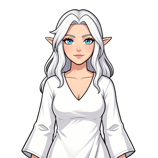 elfa, cabelos brancos,mulher e usa uma roupa de pano branco e tem olhos azuis
