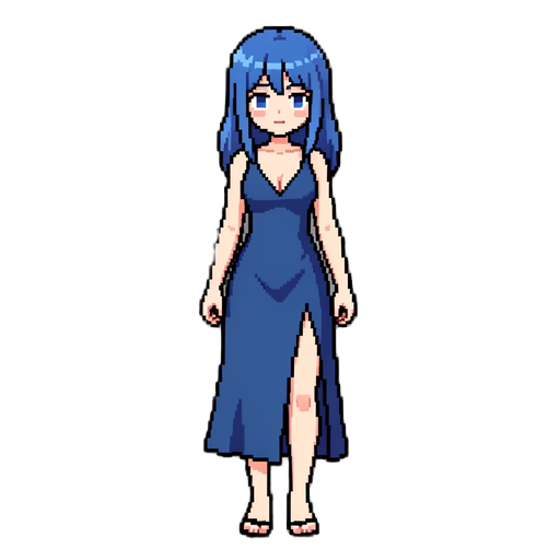 a girl with blue hair in a low-cut dress with a thigh-high slit - pixel 