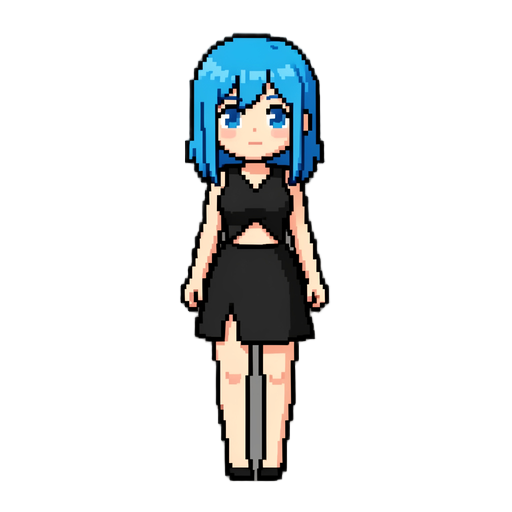 a girl with blue hair in a black dress with a cutout at the midriff and thigh; pixel 