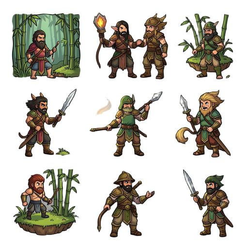 create individual 2d platformer sprites, hand drawn fantasy art style, with consistent lighting and no bleed, consistent shading, no shadow from light, no shadow on outside and inside, highest quality, 1:1 ratio, white background, thin black outline, bamb
