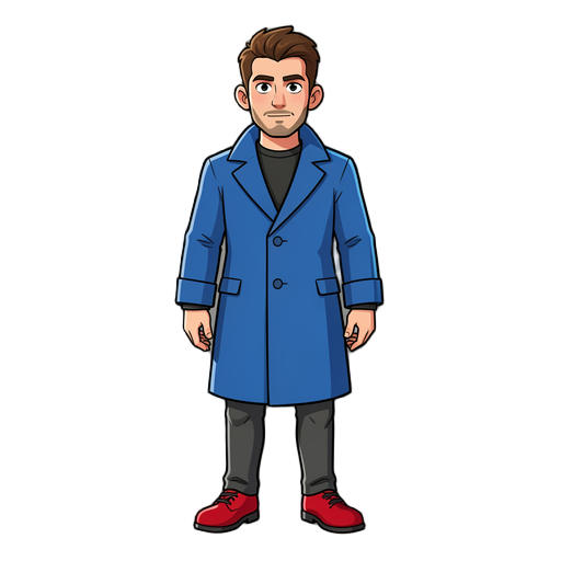 male character bold in blue coat and red shoes