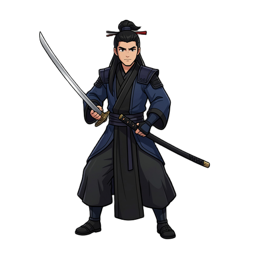 wuxia swordsman in dark blue and black robe
