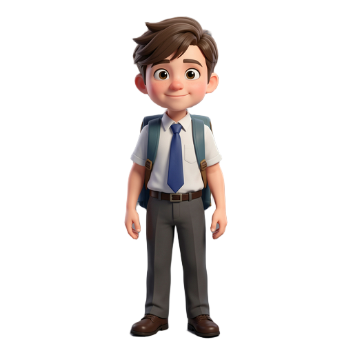 create a pixar-style student character wearing a shirt and a tie and a school backpack. make sure he's standing full body facing the camera on a 25 degree position