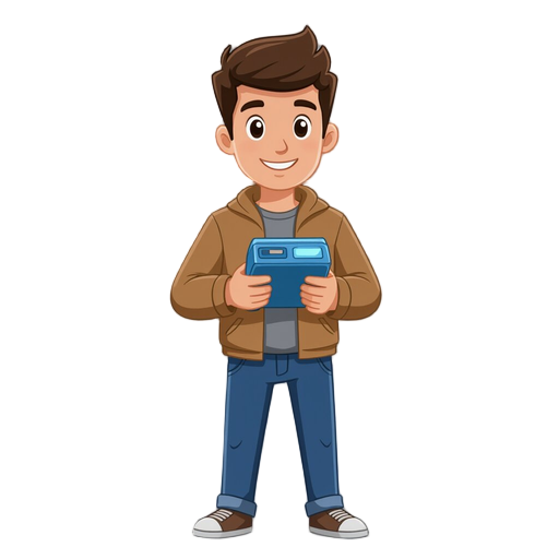male protagonist holding a blue scanner