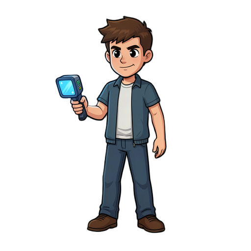 male protagonist holding a blue scanner
