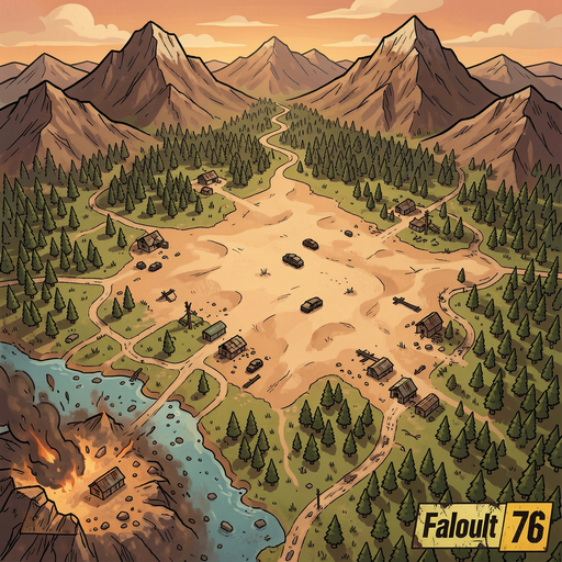 map seen from above of an abandoned region in a post-apocalyptic game, fallout 76 style map, with a desert in the middle, forests around it, mountains on top and an area of ​​ash below in the left corner.