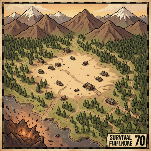 global map of a survival game seen from above of an abandoned region in a post-apocalyptic game, fallout 76 style map, with a desert in the middle, forests around it, mountains on top and an area of ​​ash below in the left corner.