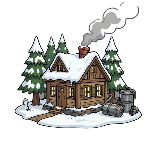little cabin in the woods, winter, snow, smoke from the chimney, metallic post-industrial indefinite waste in the proximity of the cabin