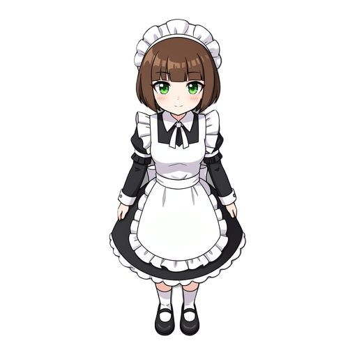 1girl, wearing maid uniform, green eyes, short brown hair, bangs, white apron, white headwear, black footwear