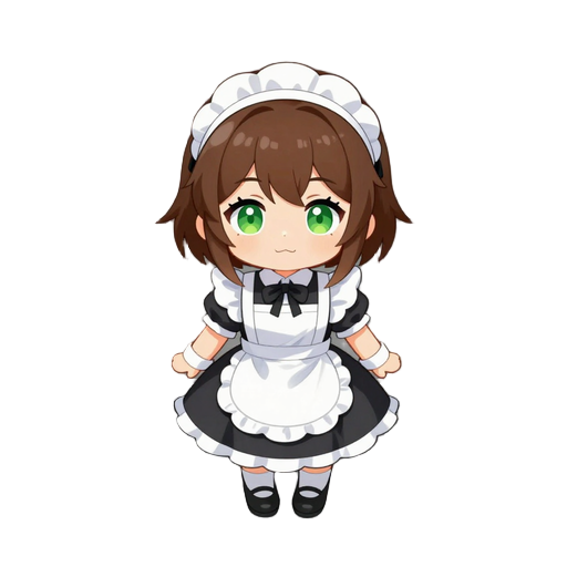 1girl, wearing maid uniform, green eyes, short brown hair, bangs, white apron, white headwear, black footwear