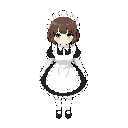 1girl, wearing maid uniform, green eyes, short brown hair, bangs, white apron, white headwear, black footwear