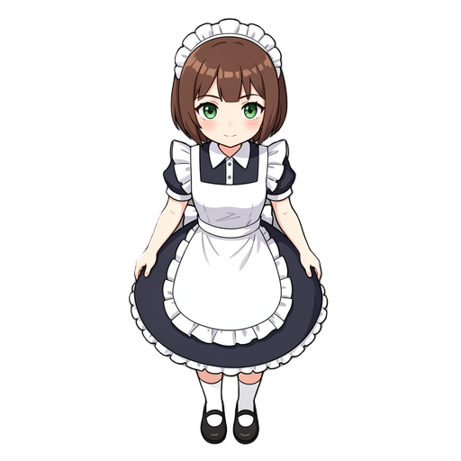 female, 18, wearing maid uniform, green eyes, short brown hair, bangs, green eyes