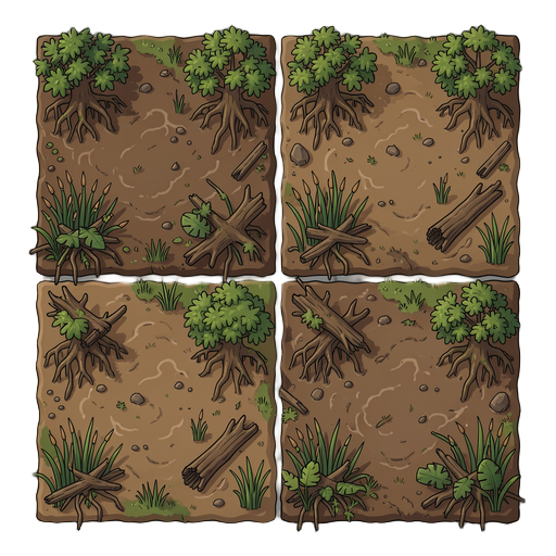 seamless 2x2 terrain atlas, 4x 256px tiles. swamp tileset: muddy ground, mangroves, reeds, driftwood. edges must connect perfectly.