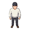 a guy in a cap, dark pants and a white sweater