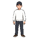 a guy in a cap, dark pants and a white sweater