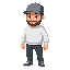 a guy in a cap, dark pants and a white sweater