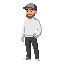 a guy in a cap, dark pants and a white sweater
