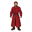 um homem com roupas longas vermelhas no estilo medieval 