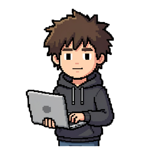 2d pixelized sprite of programer with messy hair in hoodie with lapotp in his hadn 