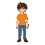jovem de cabelo castanho bagunçado e camiseta laranja .
