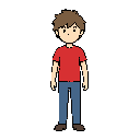character of a young man with light skin and somewhat shaggy brown hair. he is wearing a red t-shirt. the style is simple and minimalist.
