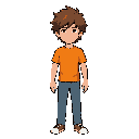 jovem de cabelo castanho bagunçado e camiseta laranja .