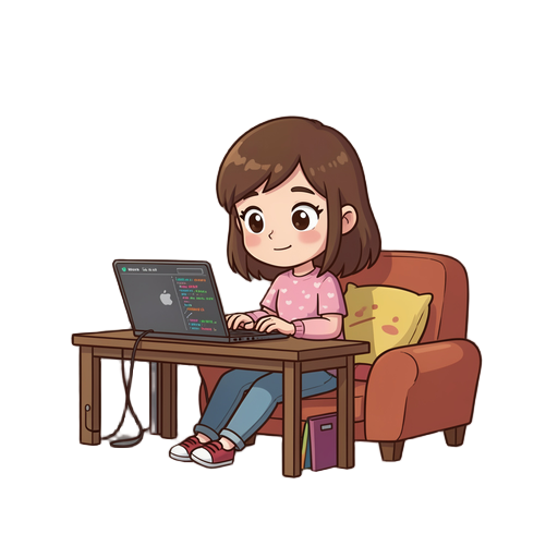 a girl with brown hair and eyes,programming in her house. idle. cozy place. 