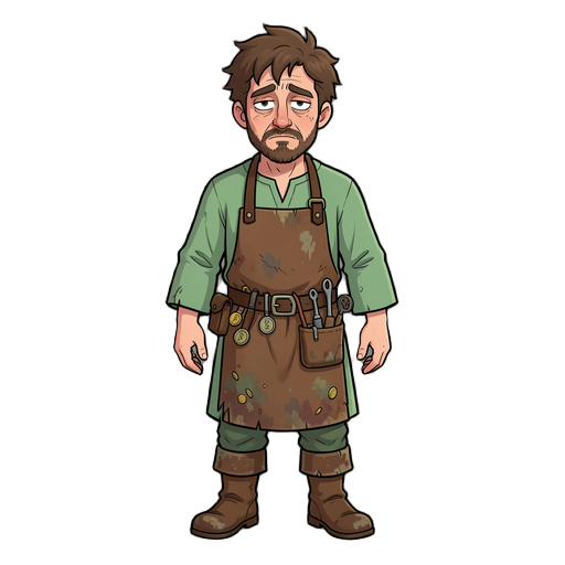 middle-aged male mint master with tired eyes, messy brown hair, short beard stubble, wearing a green tunic and worn boots, brown leather apron stained with coins, belt holding tiny minting tools.