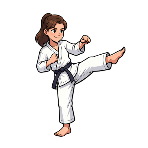 uma mulher vestindo um kimono de karate branco, realizando um chute de karate com o pé descalço