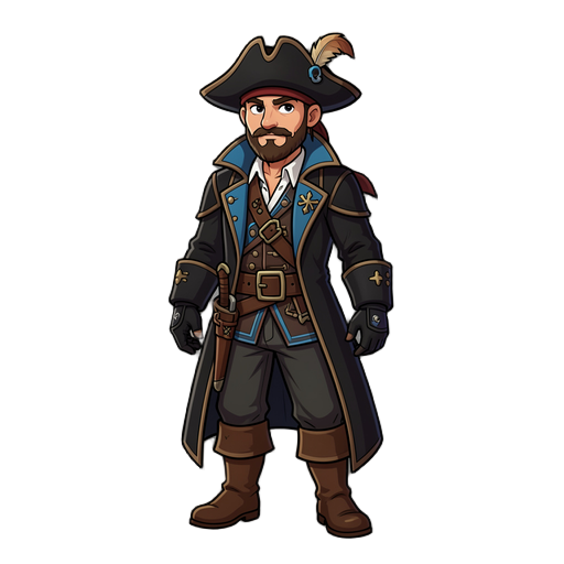 quero um pirata com barba curta e bigode usando um chapeu com uma pena, ele tambem vai usar um sobretudo como se fosse uma capa, calça e botas marrons, a roupa dele deve ser toda preta com detalhes em azul e marrom, ele deve usar luvas tambem