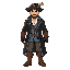 quero um pirata com barba curta e bigode usando um chapeu com uma pena, ele tambem vai usar um sobretudo como se fosse uma capa, calça e botas marrons, a roupa dele deve ser toda preta com detalhes em azul e marrom, ele deve usar luvas tambem