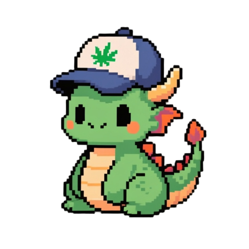 create a 32 bit sprite, that encompasses a playful dragon, sitting with a baseball hat. think chibi but also videogame themed dragons. on the hat it should saw cbd
