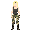 blonde woman with tank top, camo pants and combat boots.