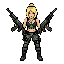 blonde woman wearing tank top, camo pants and combat boots.