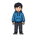 character wearing a blue hoodie and dark pants. the character has dark hair and a neutral face. 16-bit game style.
