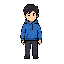 character wearing a blue hoodie and dark pants. the character has dark hair and a neutral face. 16-bit game style.