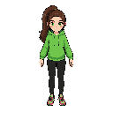 cartoon-style 2d female character, side-scrolling profile view, standing in a neutral idle pose with both arms and legs slightly apart and fully visible. long brown ponytail, bright green eyes, wearing a green hoodie, black leggings, and colorful sneakers
