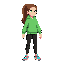 cartoon-style 2d female character, side-scrolling profile view, standing in a neutral idle pose with both arms and legs slightly apart and fully visible. long brown ponytail, bright green eyes, wearing a green hoodie, black leggings, and colorful sneakers