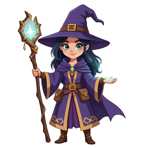 mysterious and adorable female wizard who hold the staff