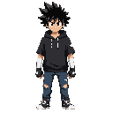 the character has spiky black hair, tanned skin, wearing an oversized black short-sleeve hoodie, white bandages on forearms, black gloves with a white star symbol, dark blue jeans, and high-top sneakers