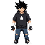 the character has spiky black hair, tanned skin, wearing an oversized black short-sleeve hoodie, white bandages on forearms, black gloves with a white star symbol, dark blue jeans, and high-top sneakers