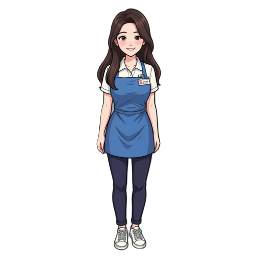 young korean female convenience store worker, early 20s, beautiful face, long dark brown hair flowing past shoulders, wearing blue apron   over white collared shirt with name tag, dark navy slim pants, white sneakers, slim body with large bust, friendly s