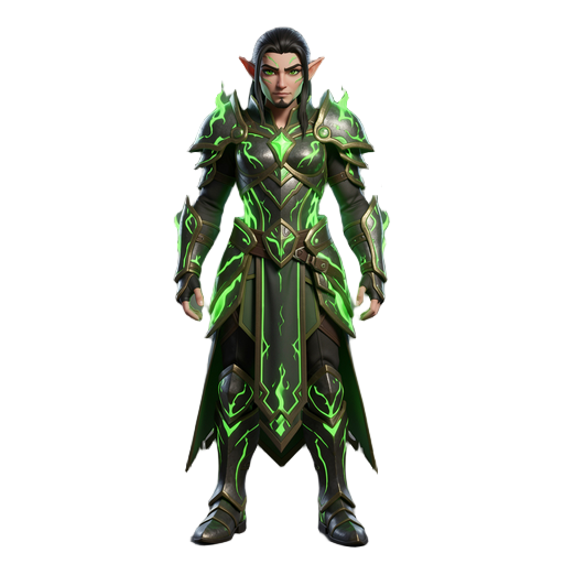 aaa game character design, dark fantasy elf warrior, toxic green energy armor, glowing emissive materials, cinematic sculpt quality, unreal engine character style, 8k resolution.