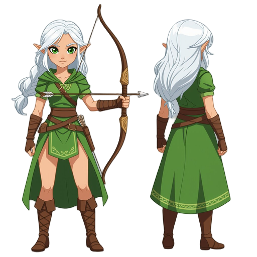 white hair , green dress , archer girl
