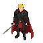 un home vu de haut(de tain noir avec une armur,il tien une epé a la main gauche .il a des cheuveux jaune et une cape rouge