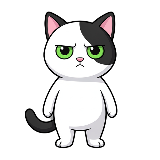 cat use the uploaded cat images as reference.  create a 2d game-ready character version of this cat.  keep the exact facial proportions: - big round green eyes - small pink nose - white fur with black patch on head - slightly serious / surprised expressio