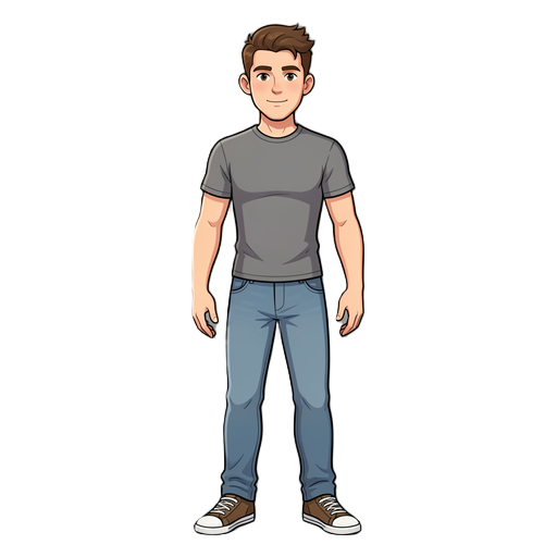 2d stylized urban superhero rookie, full body front pose, neutral idle stance, simple street clothes, fitted t-shirt, casual jeans, basic sneakers, subtle heroic proportions, expressive but clean face, cartoon rpg style, clean line art, soft shading, vibr
