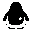 penguin, from behind. round, stout body, solid black back, white sides. wearing a small black satchel with white rolled newspapers sticking out. pure black and white only, no grays, high contrast, clean sharp edges, retro handheld style